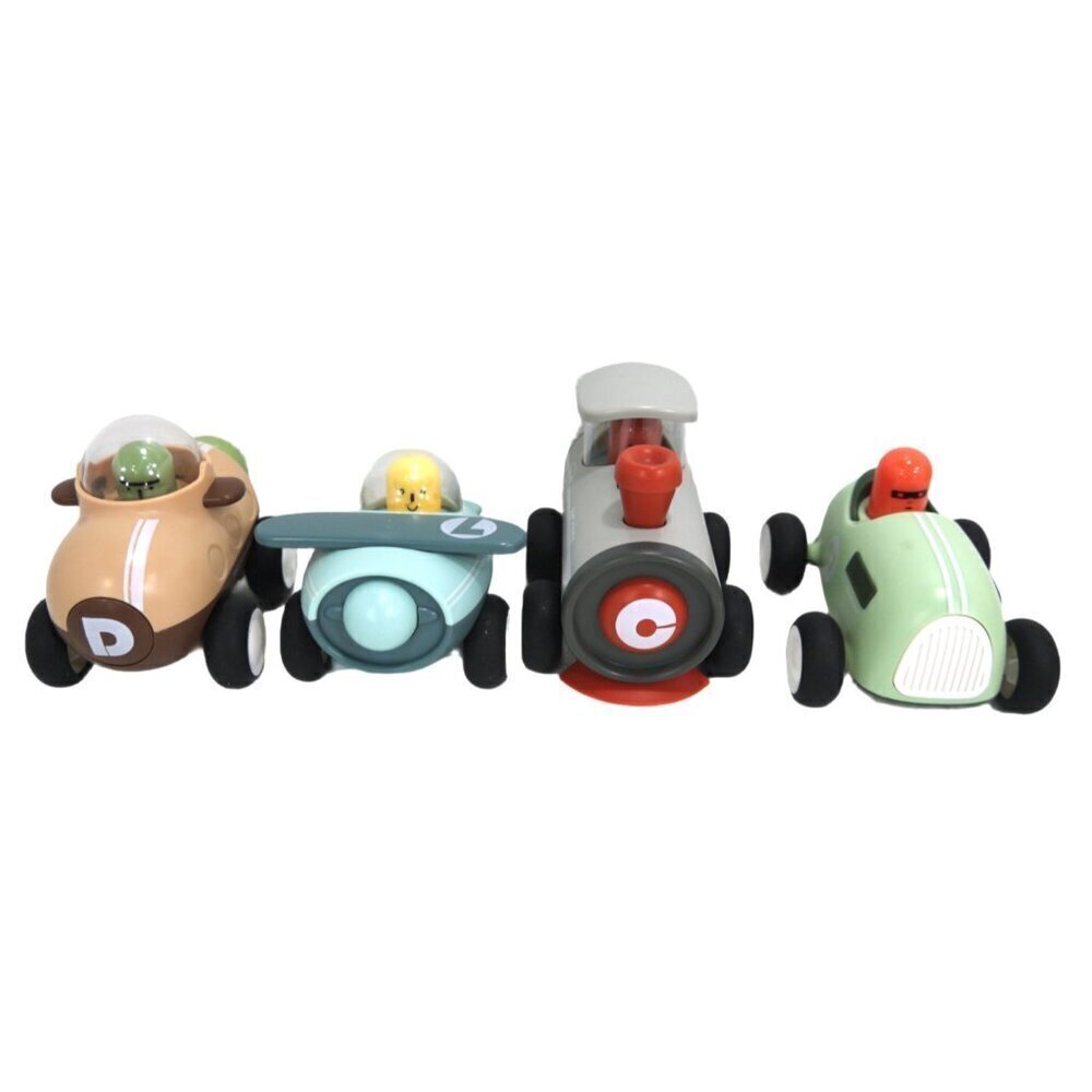 Set of four 4" plastic vehicles friction wind up rolling cars, train plays music